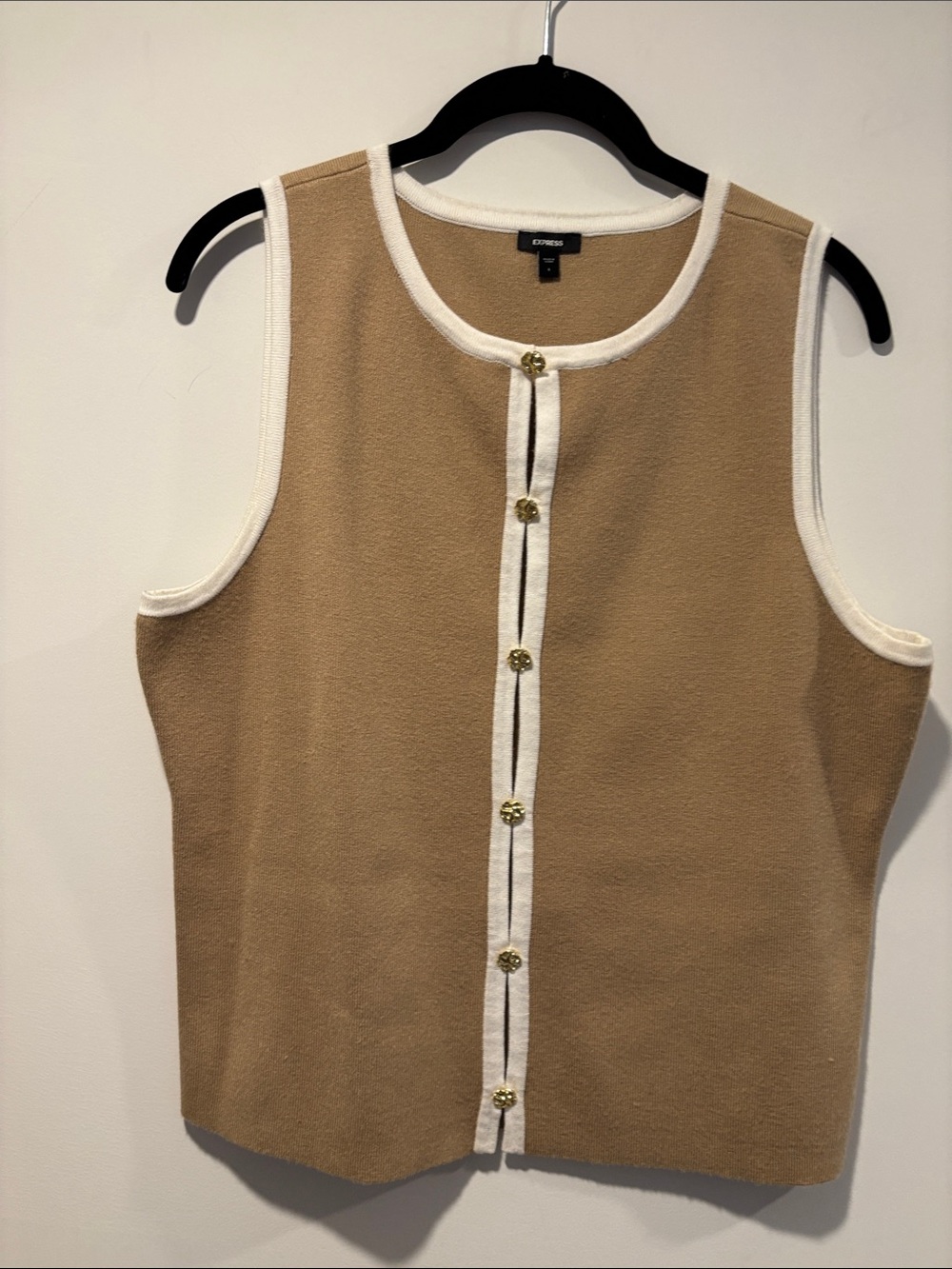 Express Beige Sleeveless Button-Front Knit Shell with Cream Trim